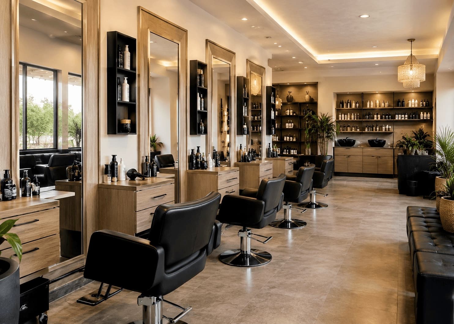 Intérieur d'un salon de coiffure avec miroirs et fauteuils