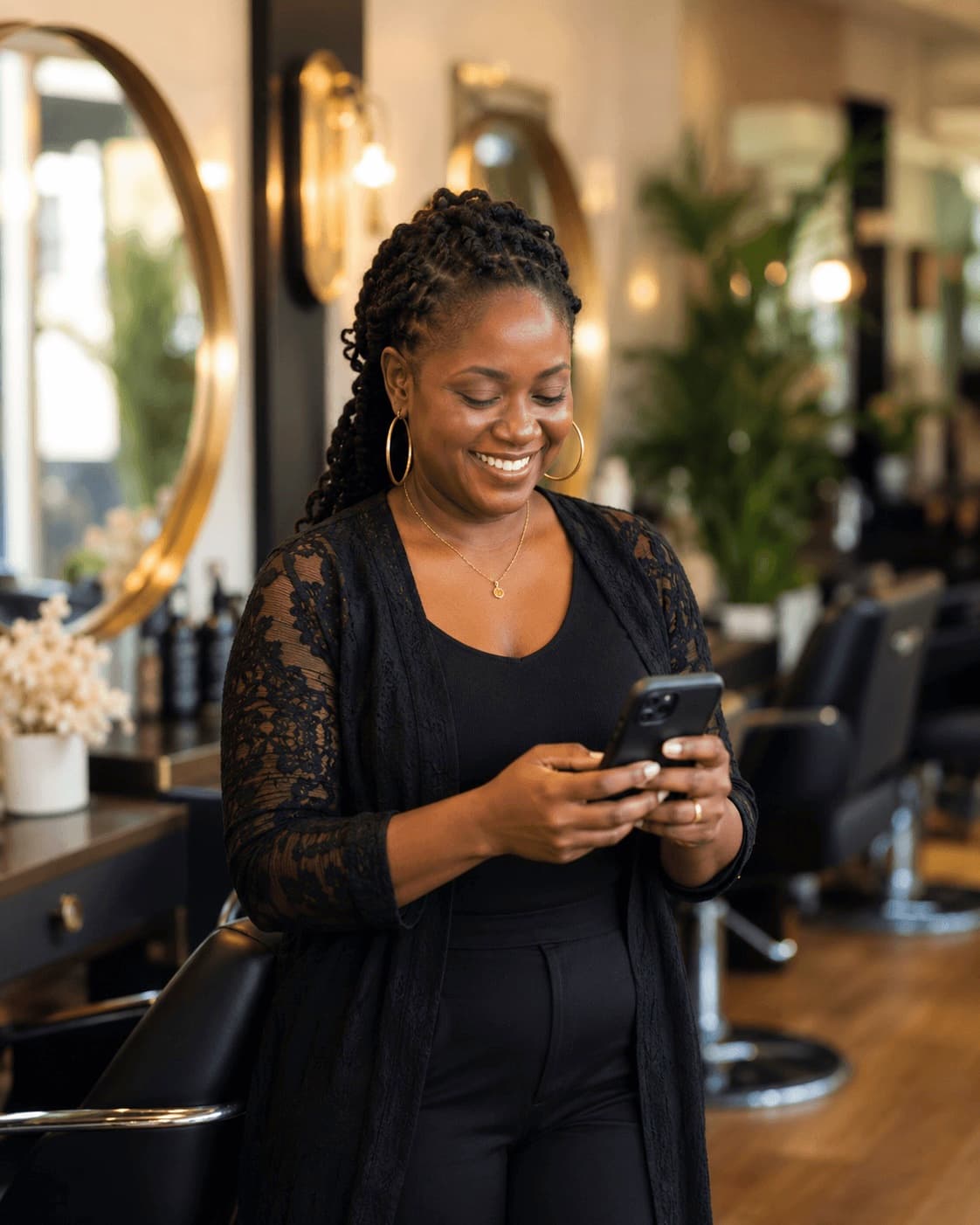 Gérante de salon souriante regardant son téléphone avec satisfaction